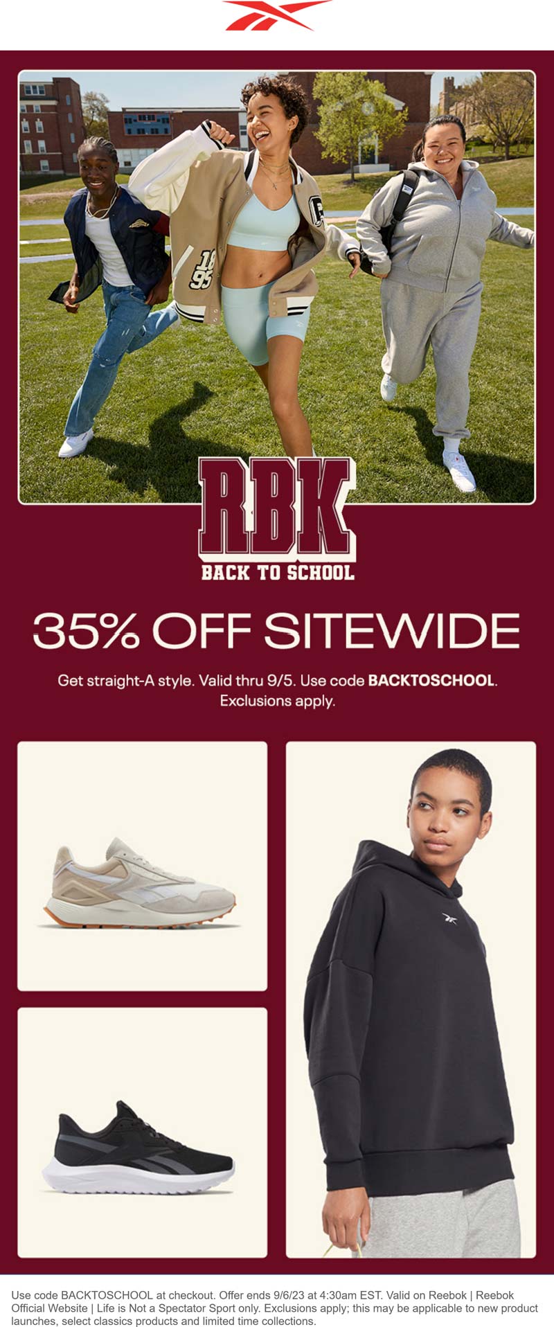 Reebok stores Coupon  35% off online at Reebok via promo code BACKTOSCHOOL #reebok 