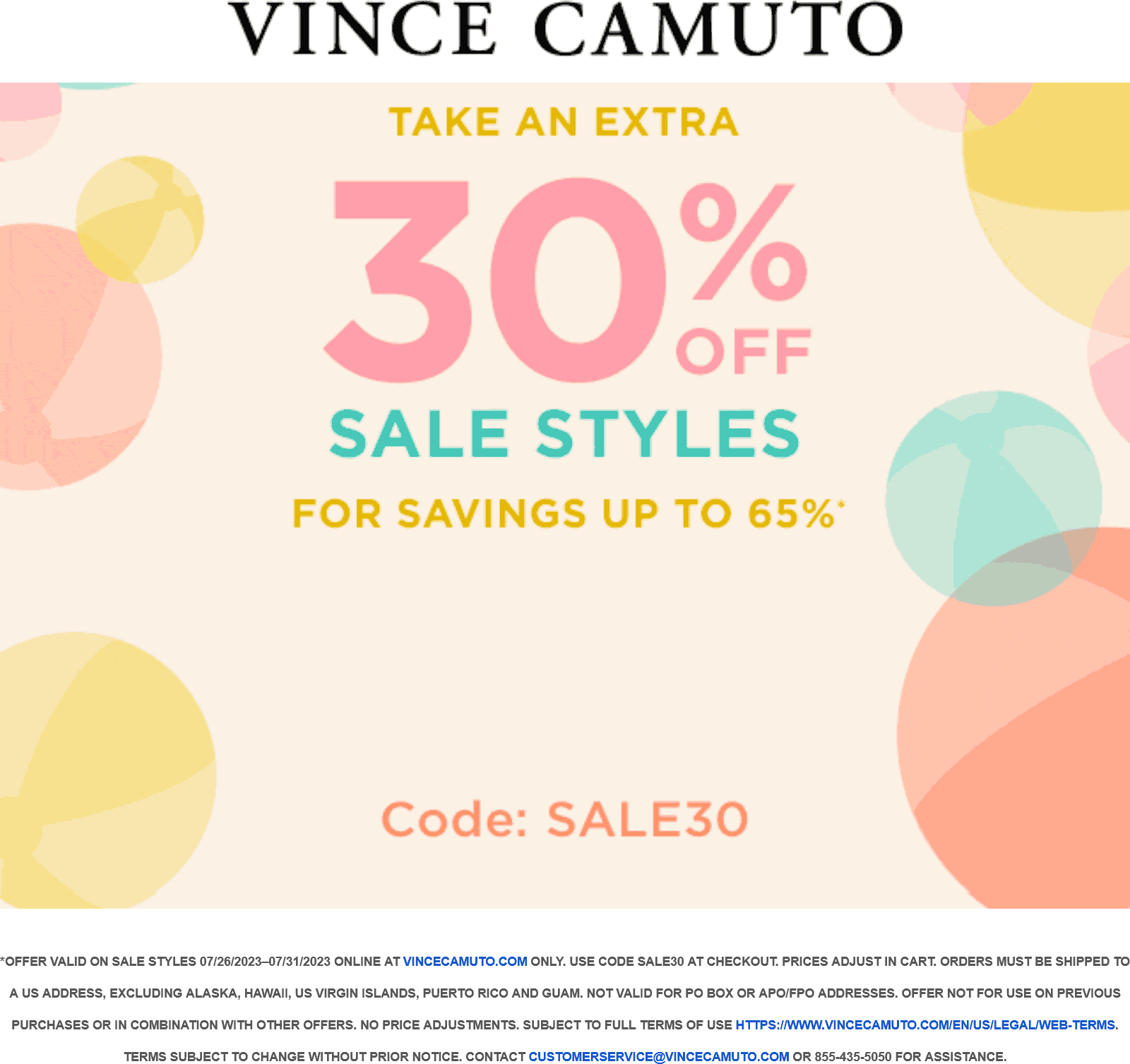 Vince Camuto stores Coupon  Extra 30% off sale items online at Vince Camuto via promo code SALE30 #vincecamuto 