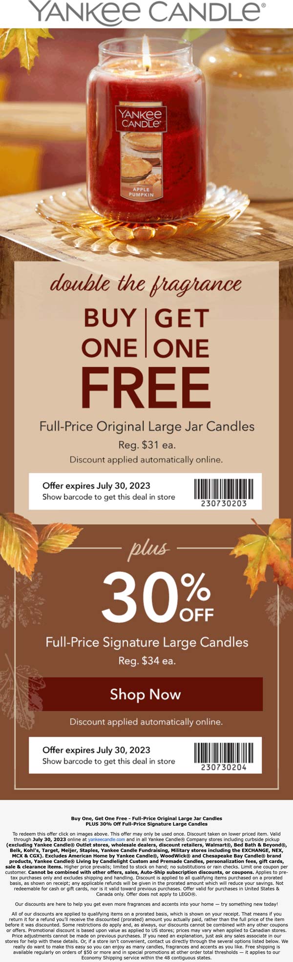 Yankee Candle stores Coupon  Second candle free at Yankee Candle, ditto online #yankeecandle 