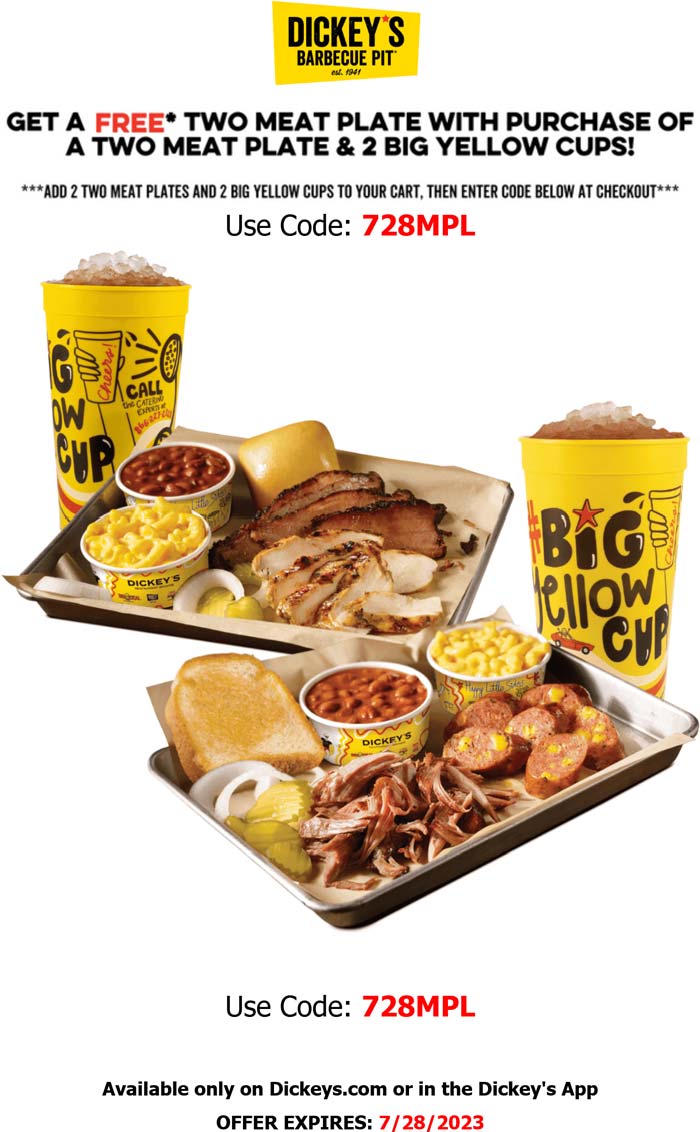 Dickeys Barbecue Pit restaurants Coupon  Second meat plate meal free today with your drinks at Dickeys Barbecue Pit via promo code 728MPL #dickeysbarbecuepit 