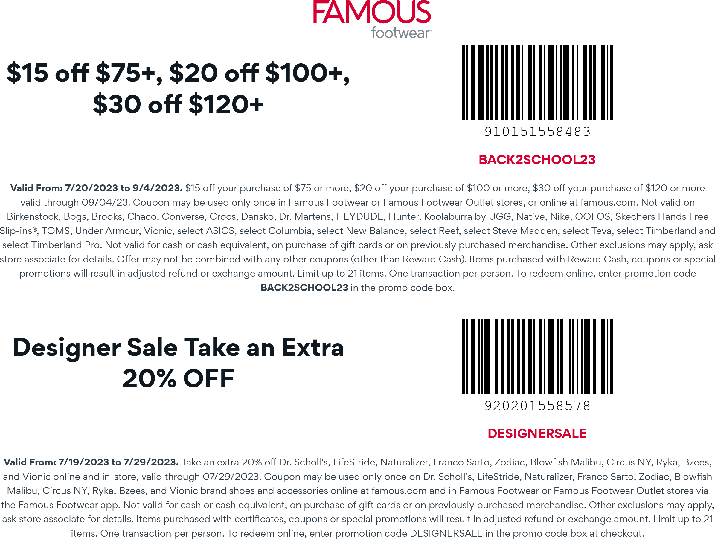 Famous Footwear stores Coupon  $15-$30 off $75+ at Famous Footwear, or online via promo code BACK2SCHOOL23 #famousfootwear 
