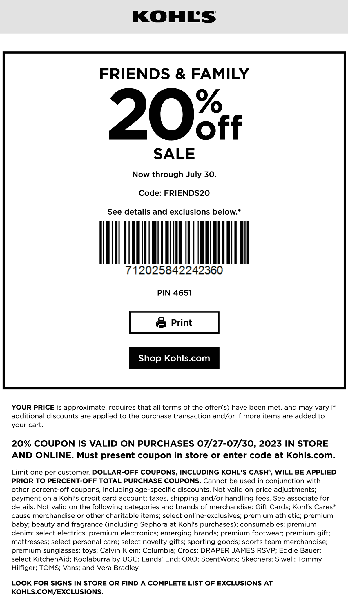 Kohls stores Coupon  20% off at Kohls, or online via promo code FRIENDS20 #kohls 
