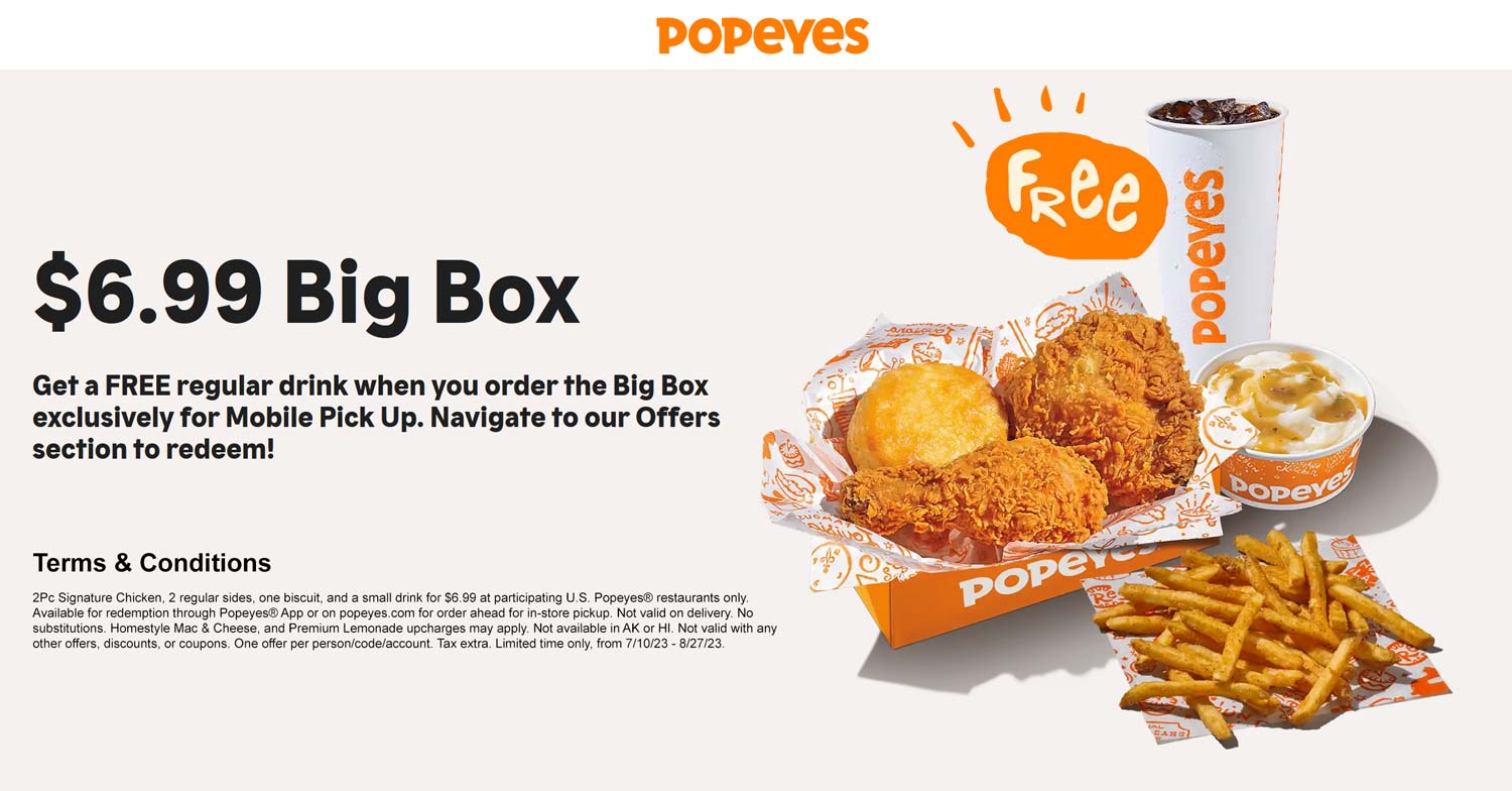 Popeyes restaurants Coupon  2pc chicken + 2 sides + biscuit + drink = $7 at Popeyes #popeyes 