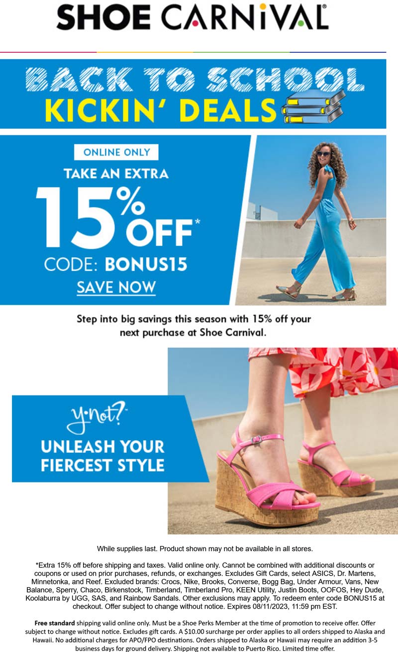 Shoe Carnival stores Coupon  Extra 15% off online at Shoe Carnival via promo code BONUS15 #shoecarnival 