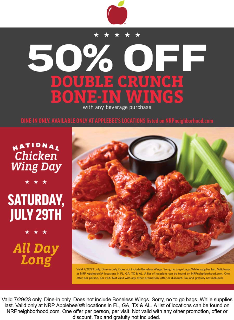 Applebees restaurants Coupon  50% off chicken wings with your beverage today at Applebees #applebees 