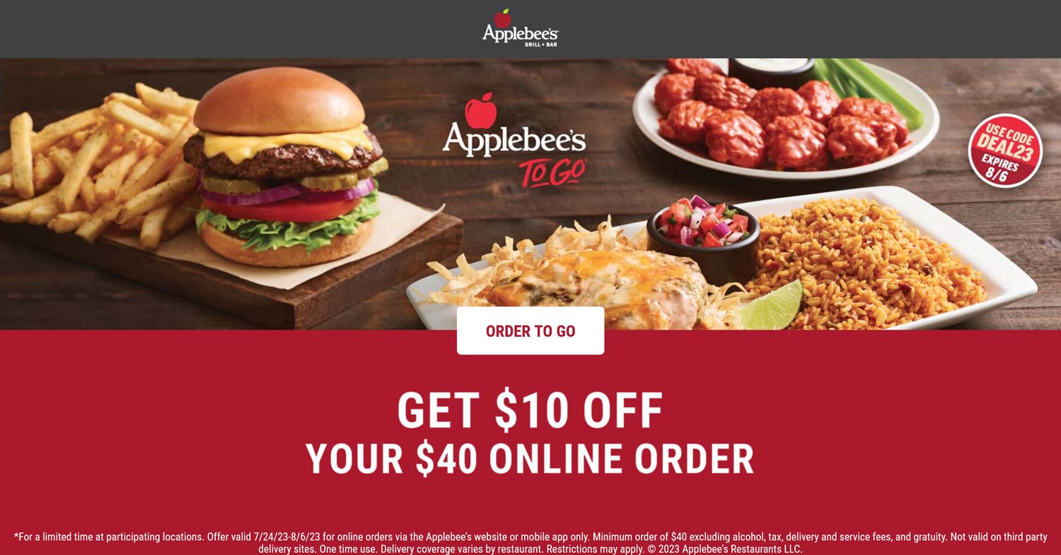 Applebees restaurants Coupon  $10 off $40 online at Applebees restaurants via promo code DEAL23 #applebees 