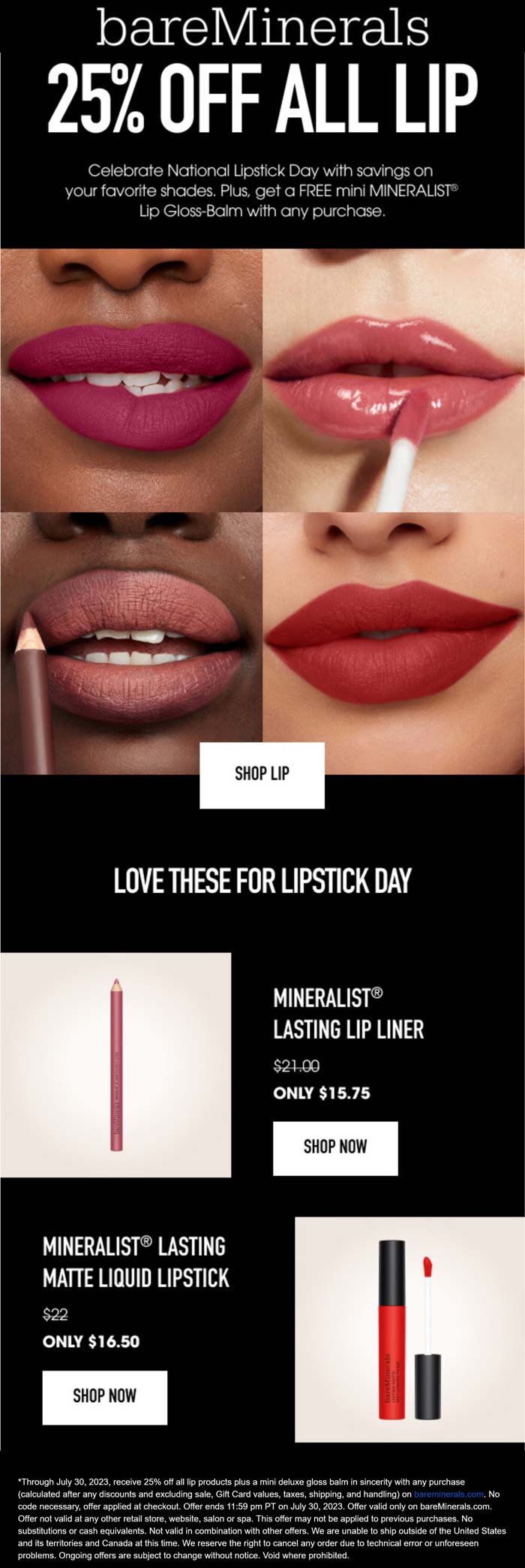 bareMinerals stores Coupon  25% off all lip + free gloss on any purchase at bareMinerals #bareminerals 
