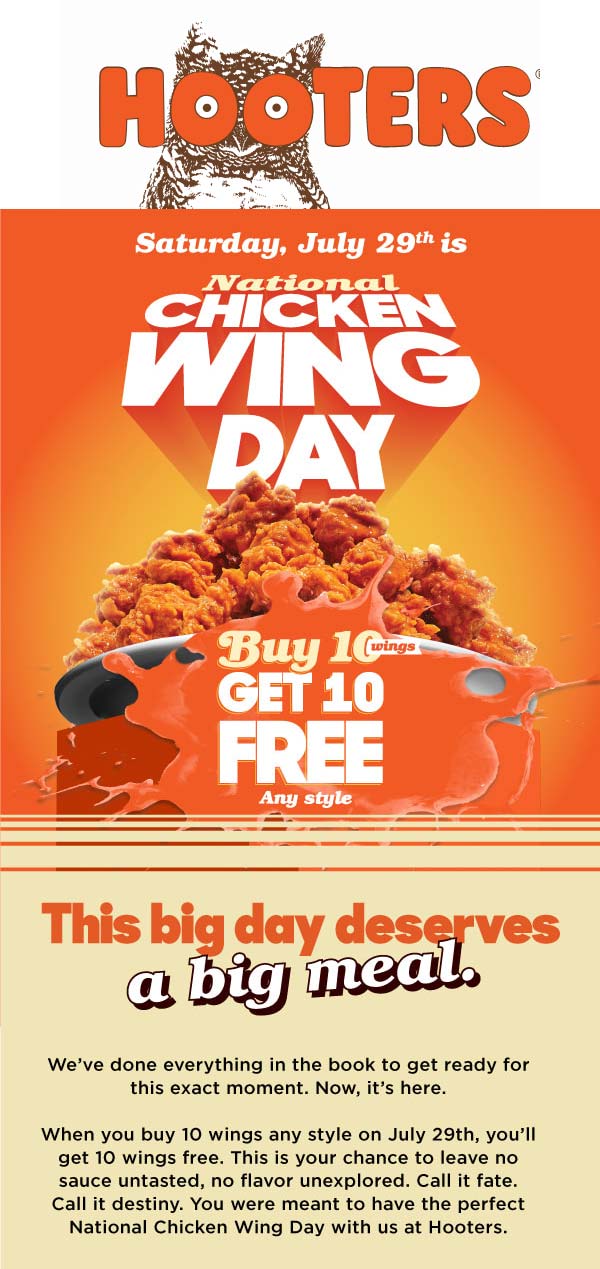 Hooters restaurants Coupon  Second 10pc wings free today at Hooters restaurants #hooters 