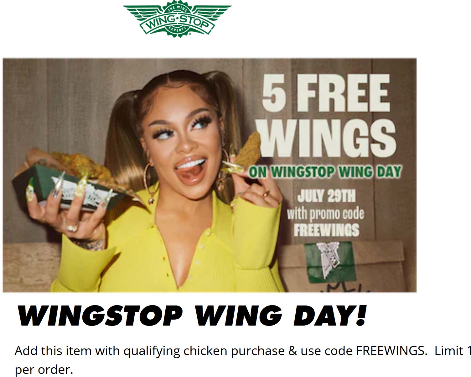 Wingstop restaurants Coupon  5 free wings with your chicken today at Wingstop via promo code FREEWINGS #wingstop 