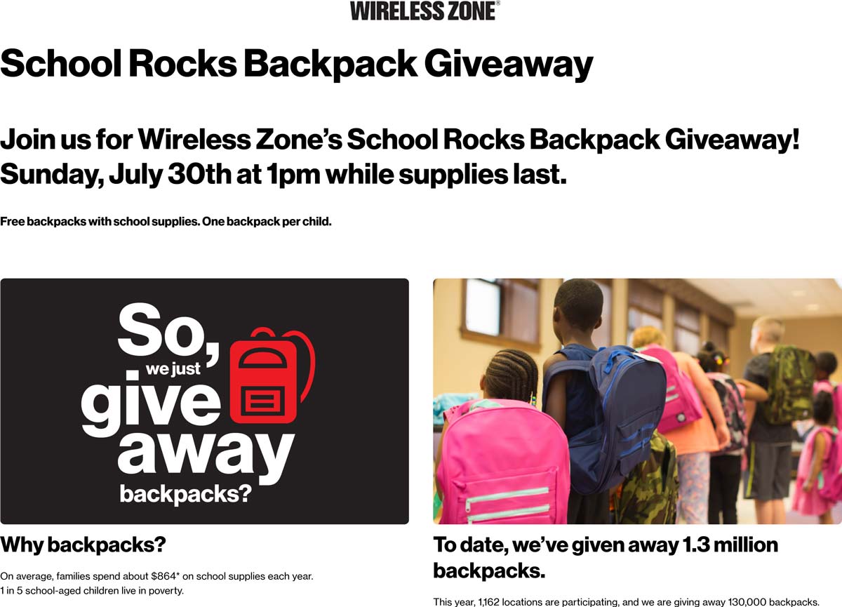 Wireless Zone stores Coupon  Free backpack + school supplies 1pm Sunday at Verizon Wireless Zone locations #wirelesszone 