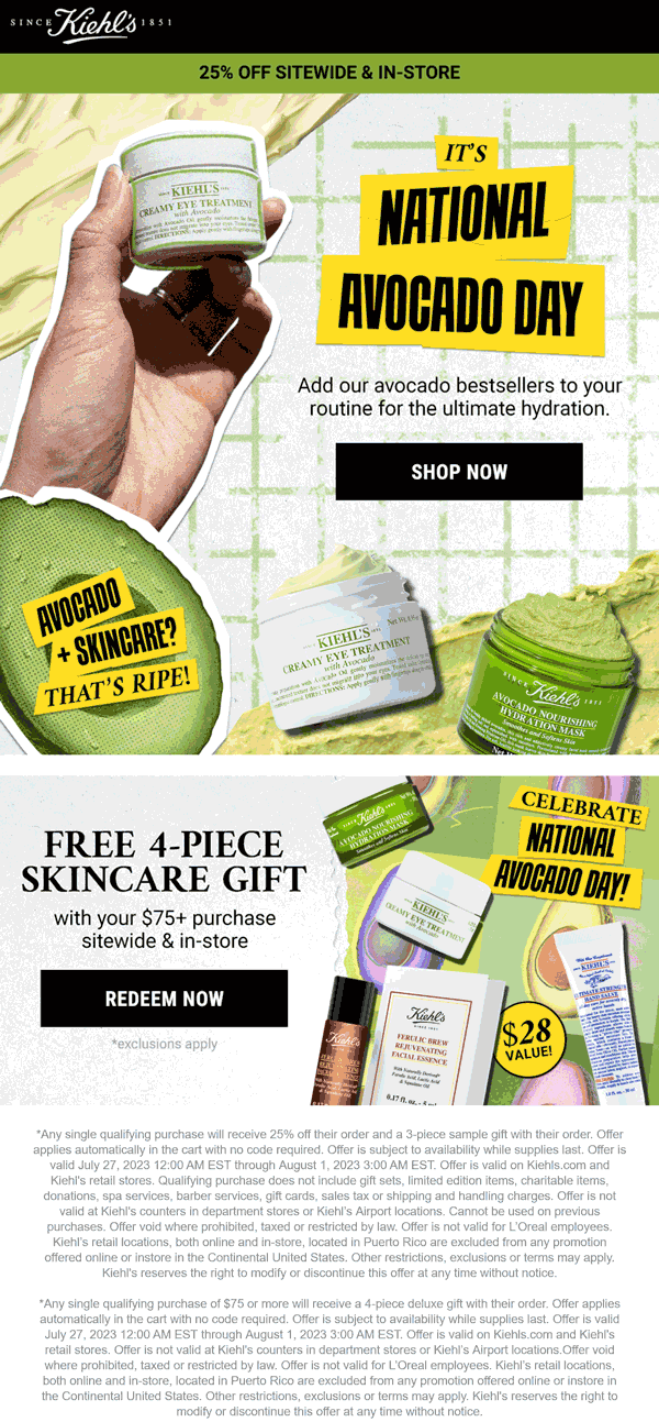 Kiehls stores Coupon  25% off + free 4pc set on $75 today at Kiehls, ditto online #kiehls 