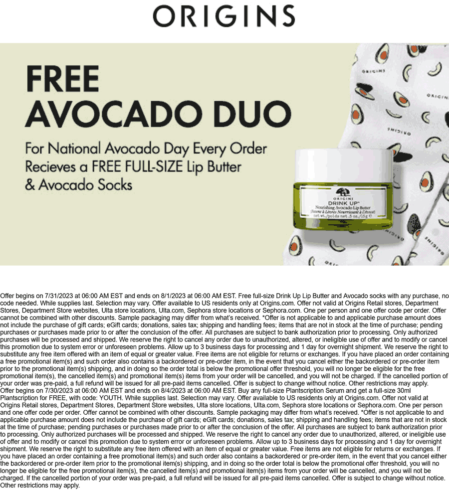 Origins restaurants Coupon  Free full-size Drink Up Lip Butter and Avocado socks with any purchase today at Origins #origins 