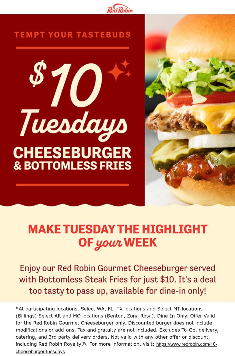 Ruby Tuesday restaurants Coupon  Gourmet cheeseburger + bottomless steak fries = $10 today at Ruby Tuesday #rubytuesday 