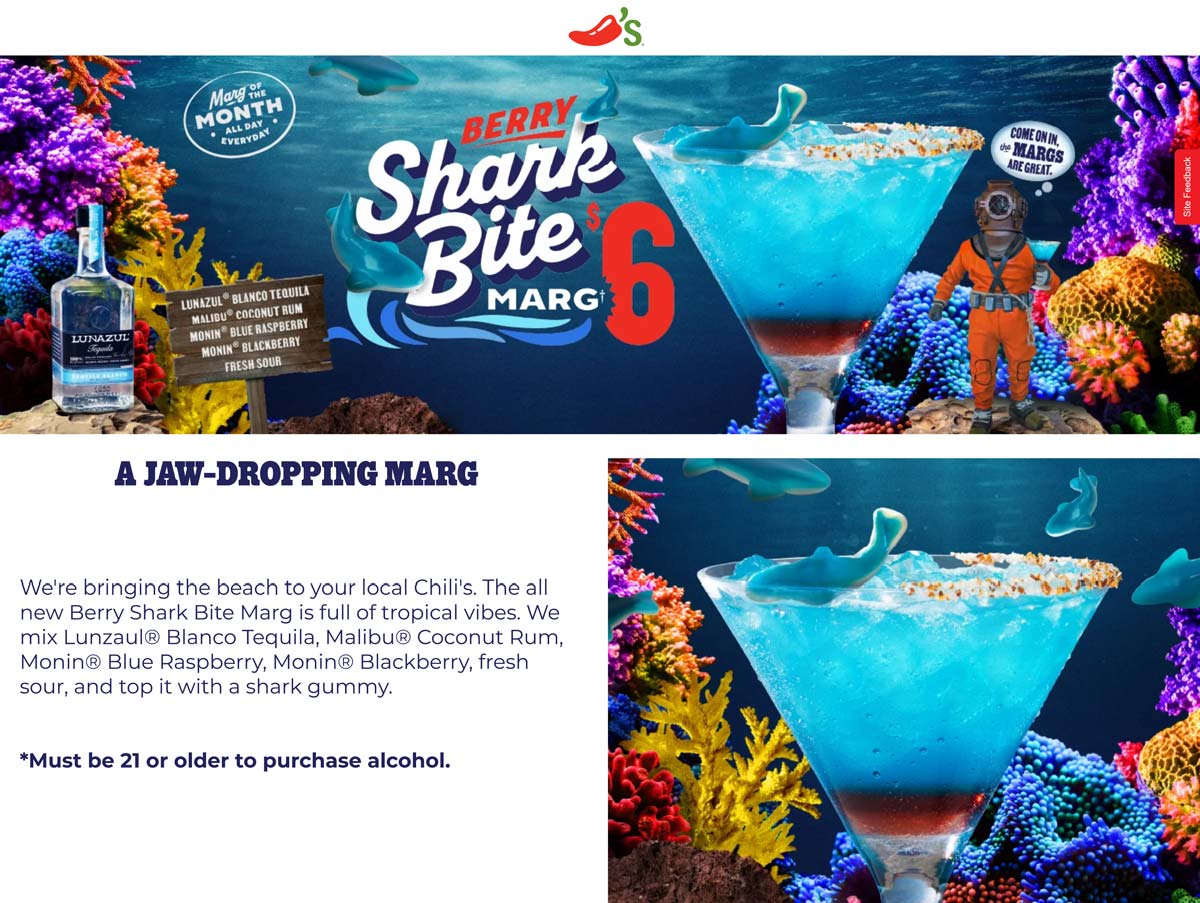 Chilis restaurants Coupon  Shark bite margarita for $6 all month at Chilis restaurants #chilis 