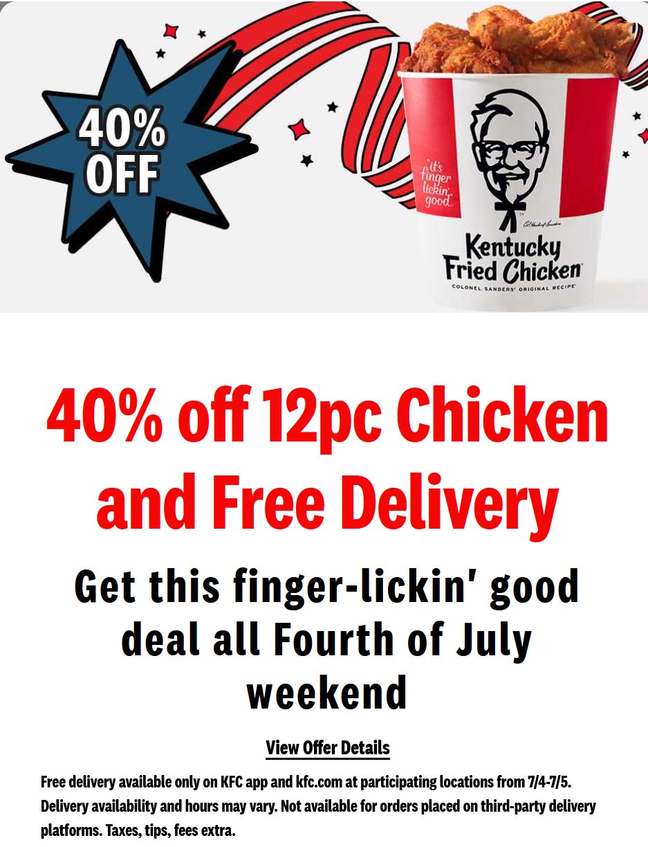 KFC restaurants Coupon  40% off 12pc chicken + free delivery at KFC #kfc 