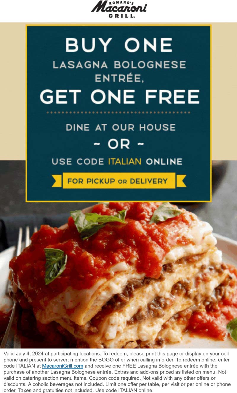 Macaroni Grill restaurants Coupon  Second lasagna bolognese free today at Macaroni Grill restaurants, or online via promo code ITALIAN #macaronigrill 