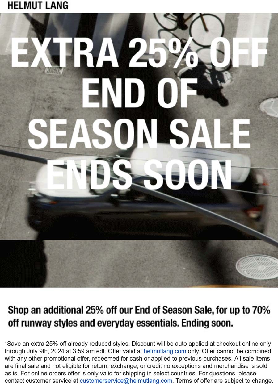 Helmut Lang stores Coupon  Extra 25% off sale items at Helmut Lang #helmutlang 