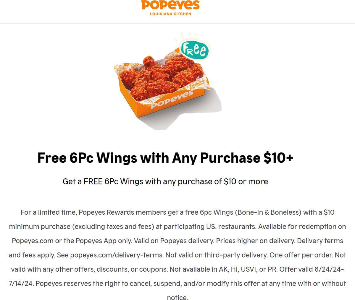 Popeyes restaurants Coupon  Free 6pc chicken wings on $10 at Popeyes #popeyes 