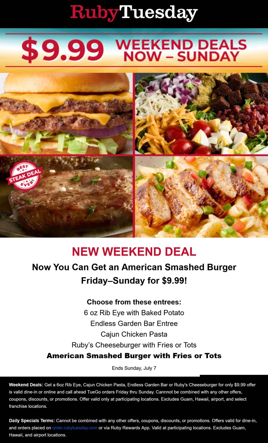 Ruby Tuesday restaurants Coupon  Rib Eye, Cajun Chicken Pasta, Endless Garden Bar or Cheeseburger = $10 at Ruby Tuesday #rubytuesday 