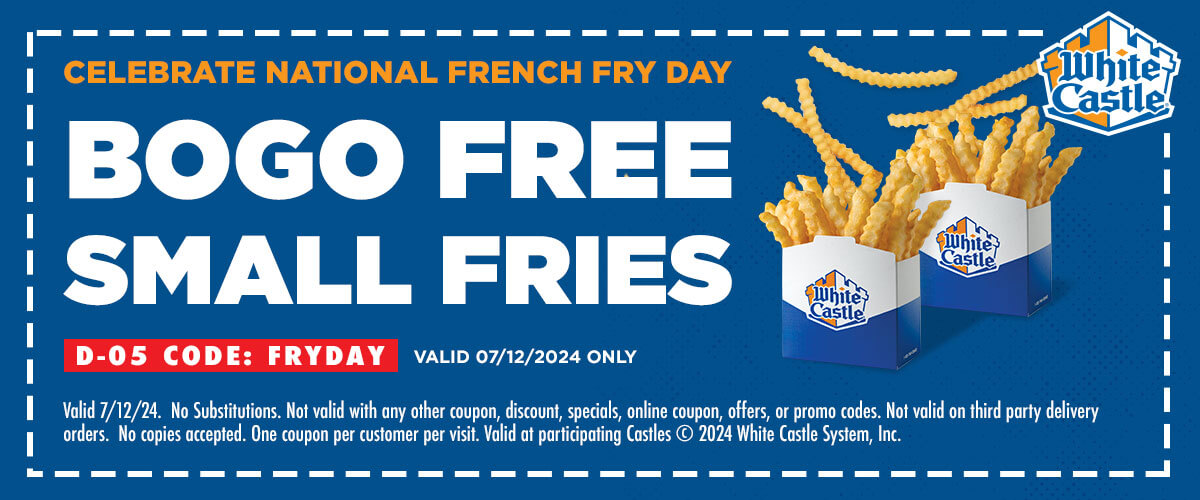 White Castle restaurants Coupon  Second fries free Friday at White Castle via promo code FRYDAY #whitecastle 