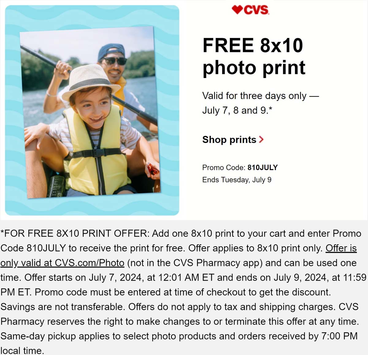 CVS Pharmacy stores Coupon  Free 8x10 photo print at CVS Pharmacy via promo code 810JULY #cvspharmacy 