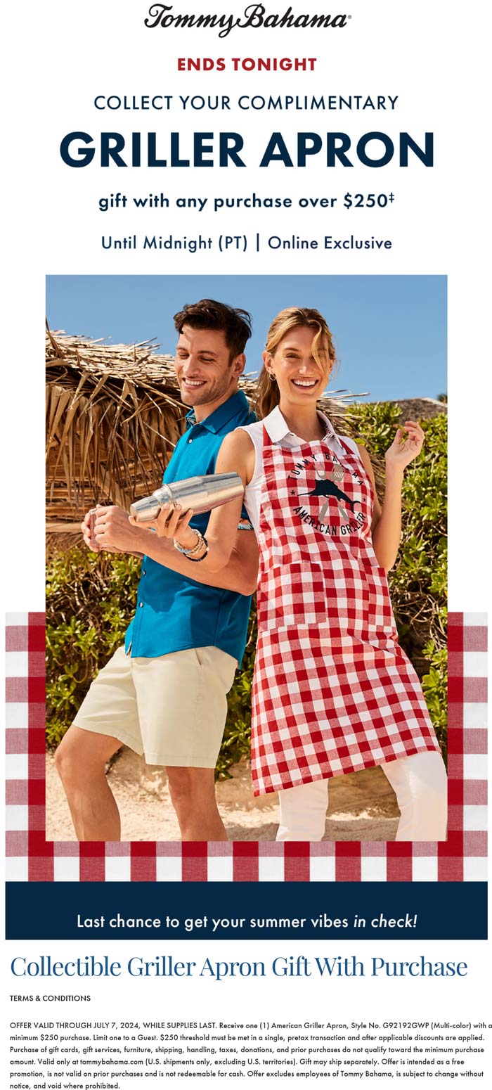 Tommy Bahama stores Coupon  Free griller apron on $250 today at Tommy Bahama #tommybahama 