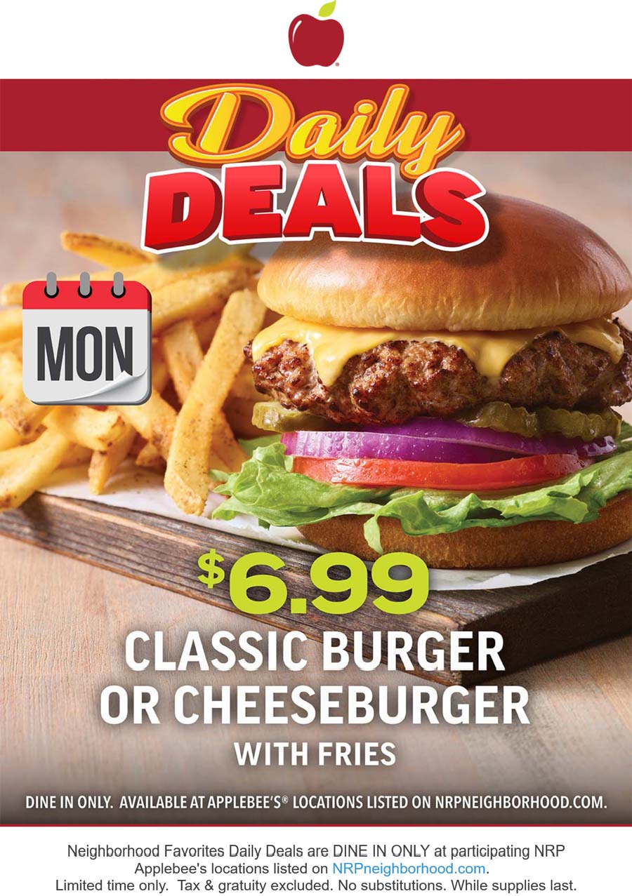 Applebees restaurants Coupon  Cheeseburger + fries = $7 today at Applebees #applebees 