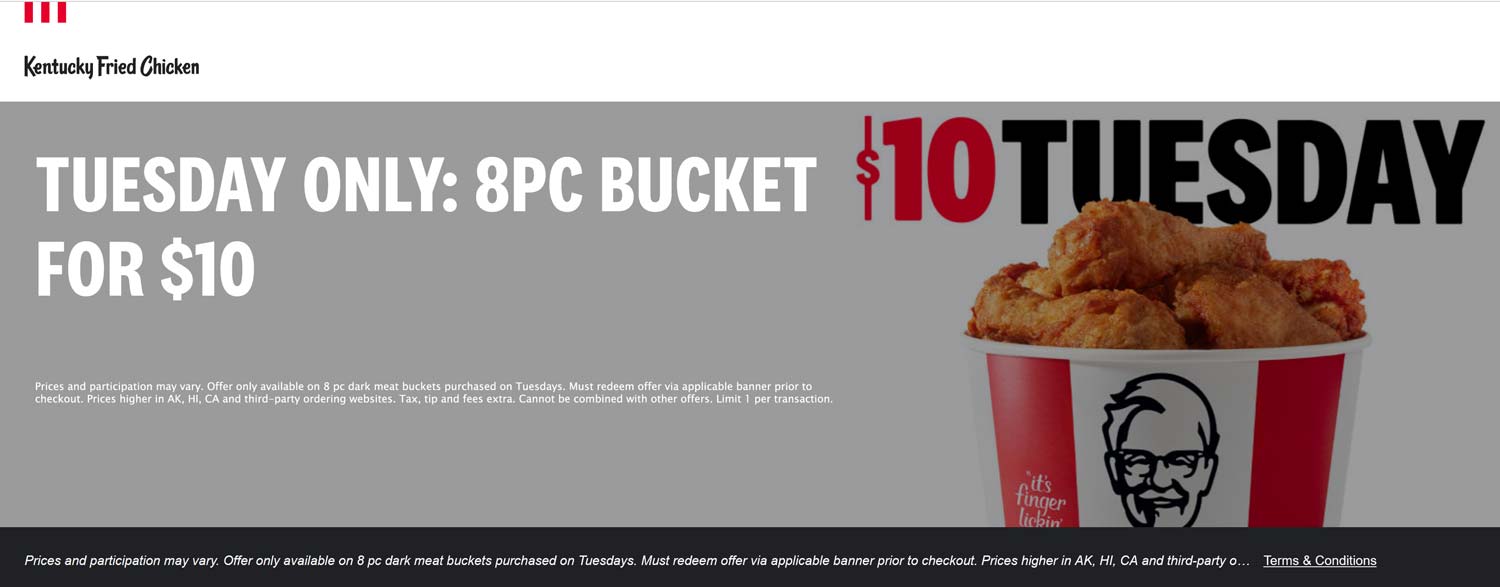 KFC restaurants Coupon  8pc chicken bucket for $10 today at KFC #kfc 