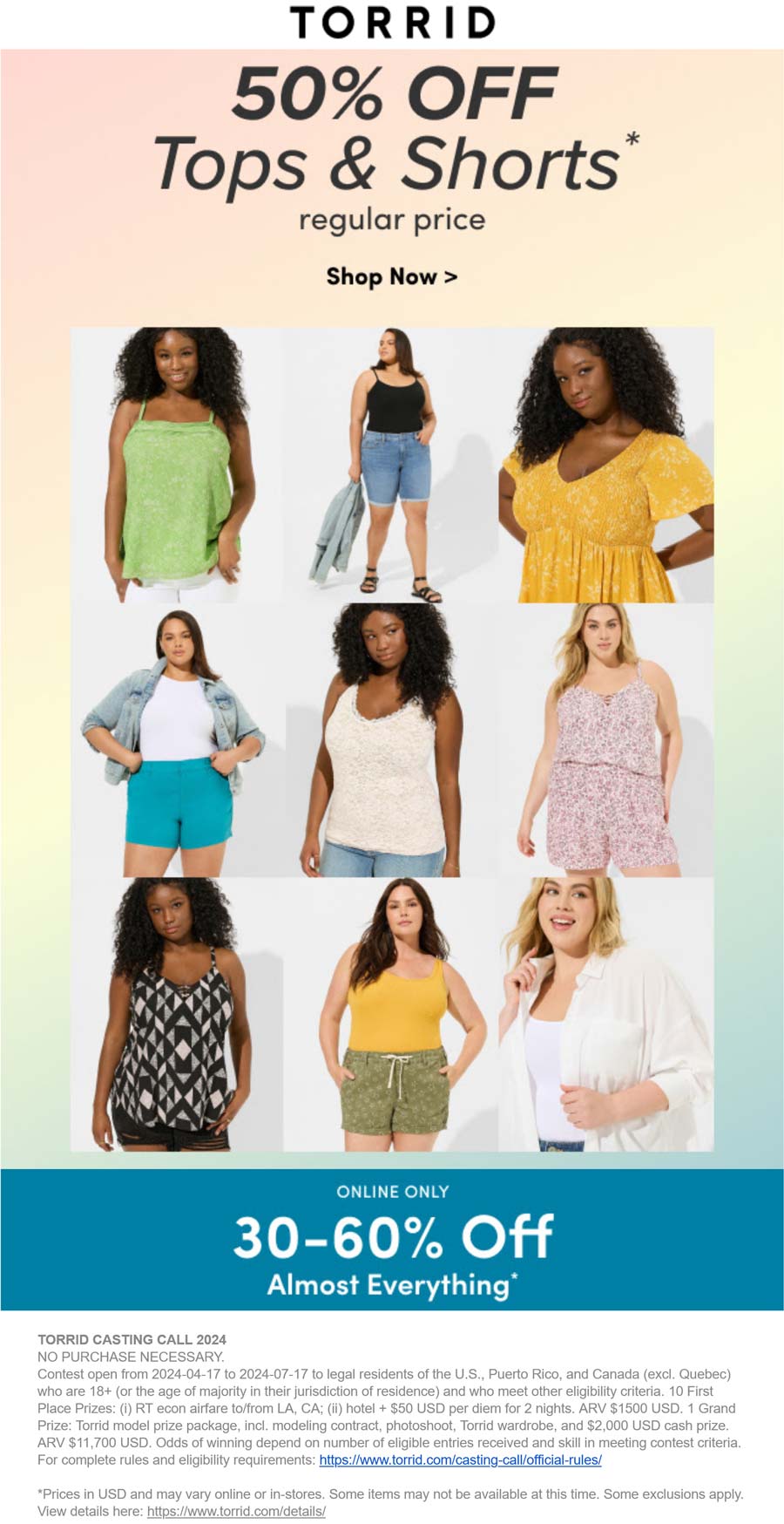 Torrid stores Coupon  50% off tops & shorts online today at Torrid #torrid 