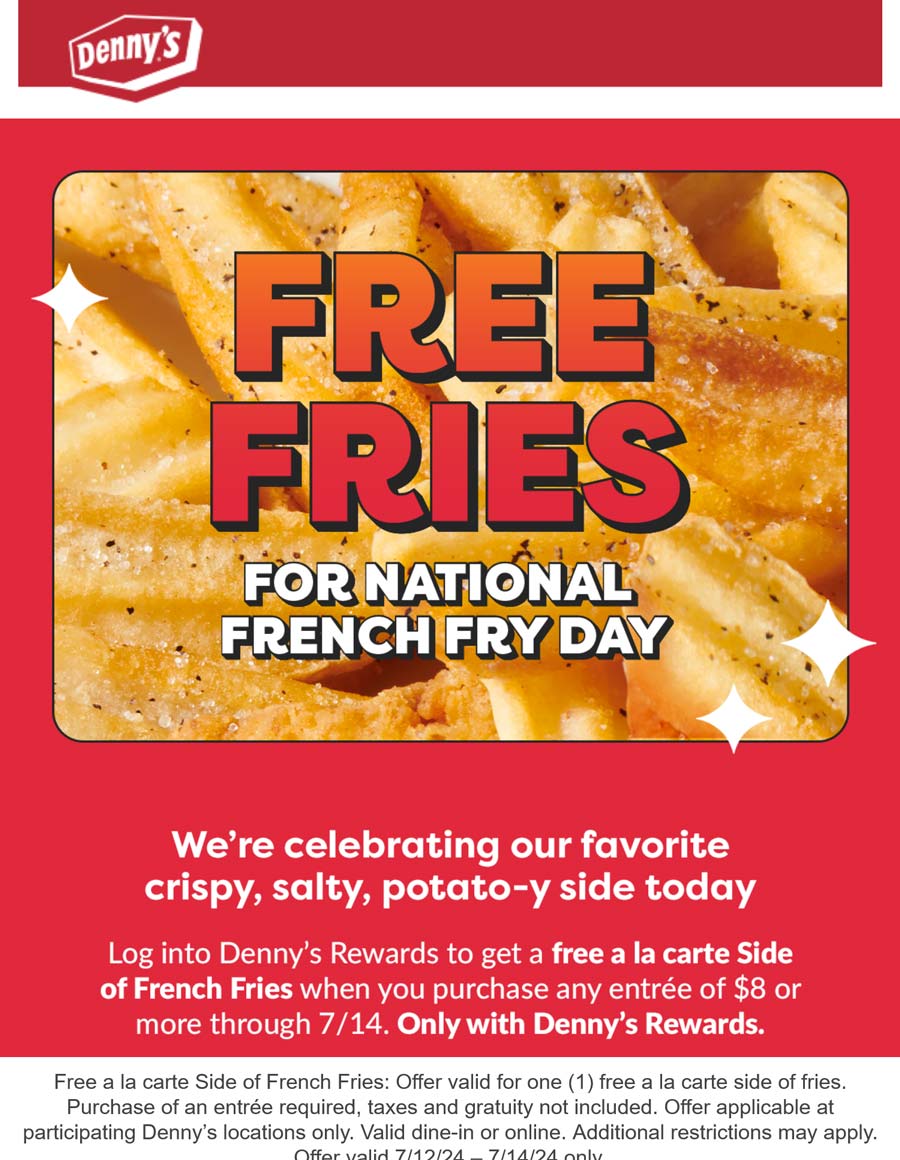 Dennys restaurants Coupon  Free side of fries with your entree at Dennys #dennys 