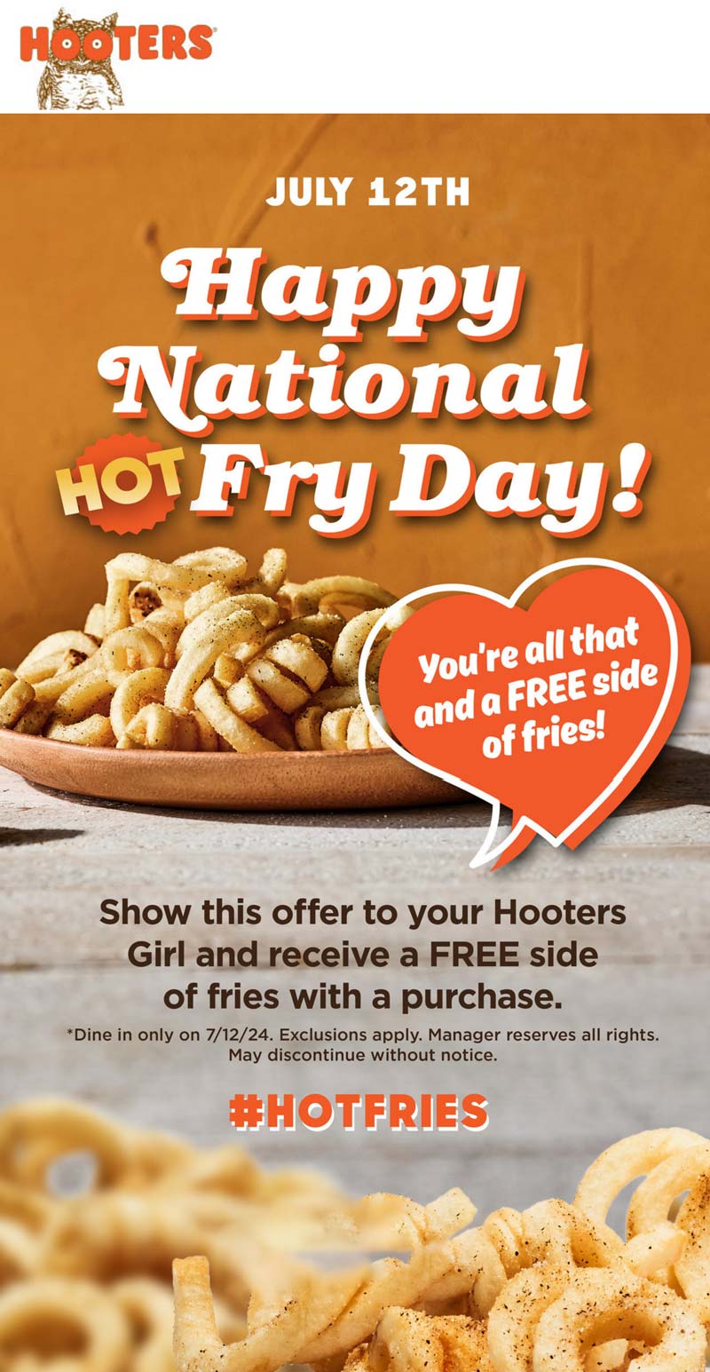 Hooters restaurants Coupon  Free fries with your order today at Hooters #hooters 