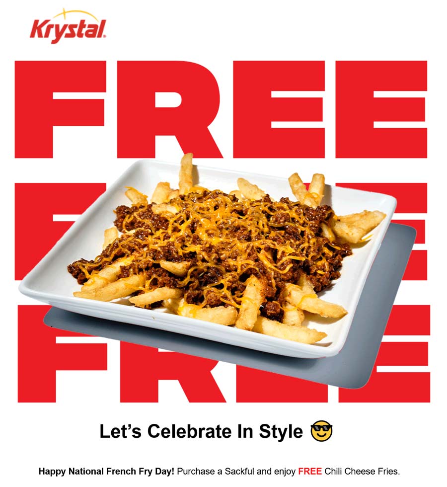 Krystal restaurants Coupon  Free chili cheese fries with your sackful today at Krystal #krystal 