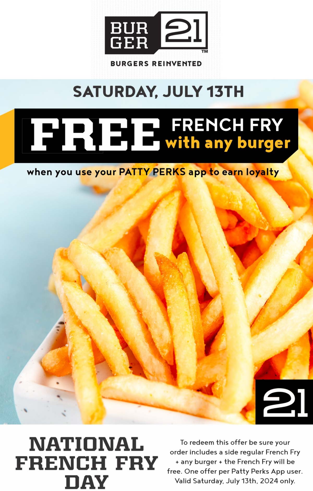 Burger 21 restaurants Coupon  Free fries with your burger today via mobile at Burger 21 #burger21 