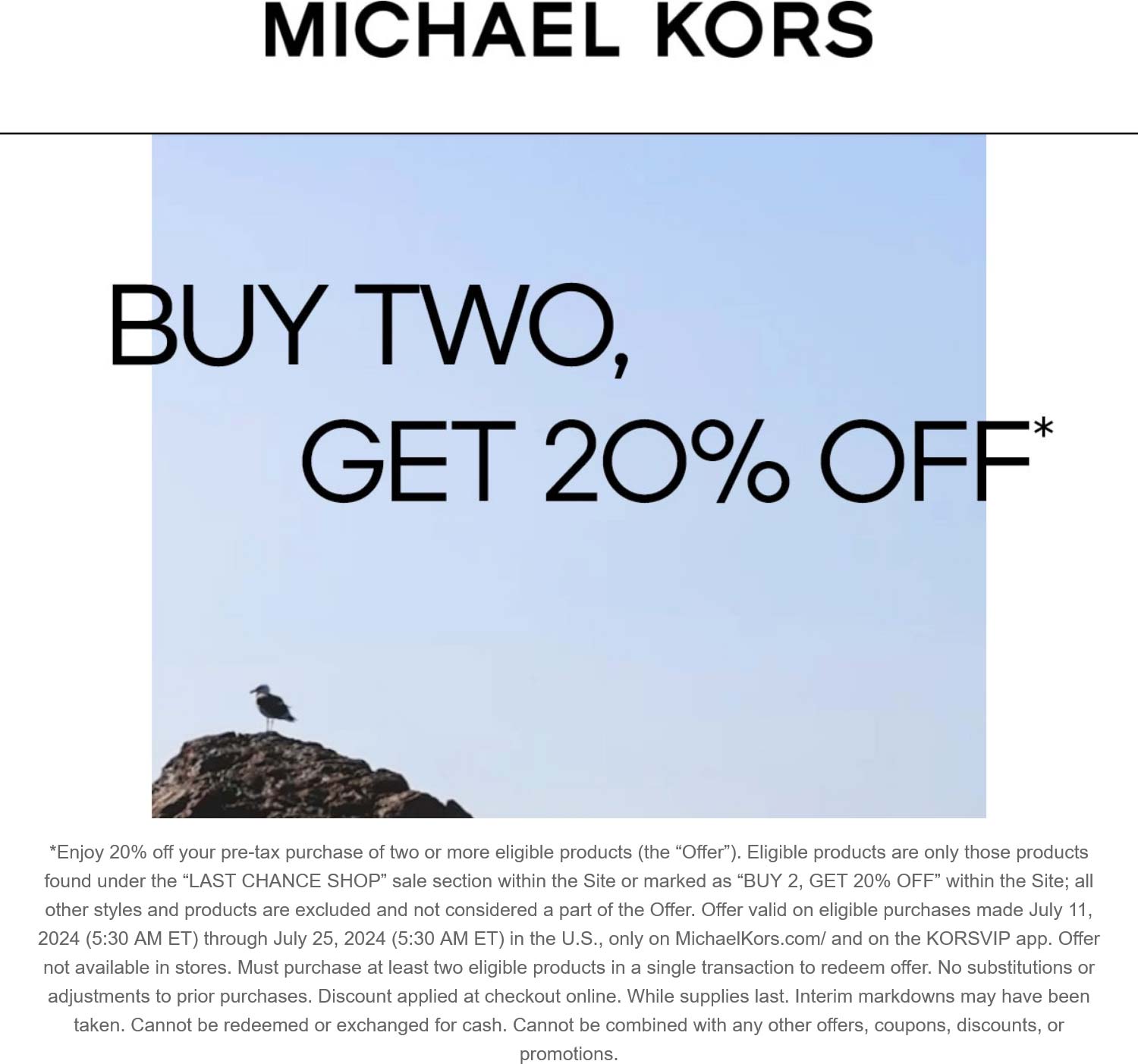 Michael Kors stores Coupon  20% off 2+ clearance items at Michael Kors #michaelkors 