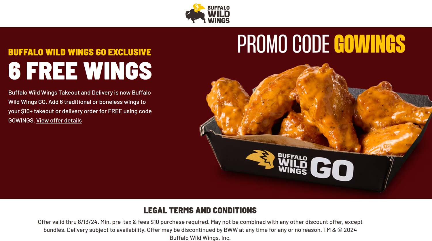 Buffalo Wild Wings restaurants Coupon  6 free wings via $10 takeout at Buffalo Wild Wings via promo code GOWINGS #buffalowildwings 