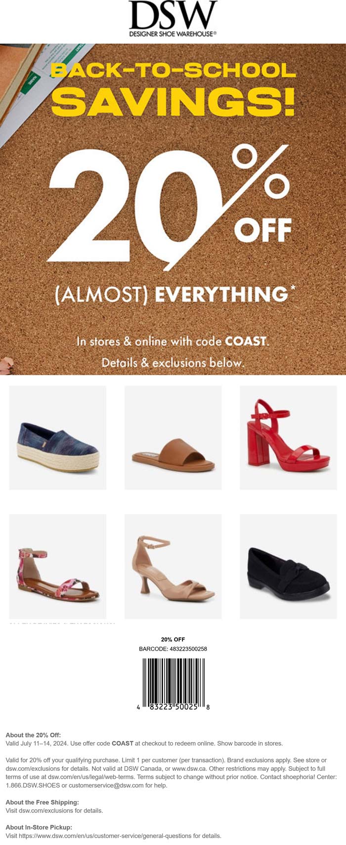 DSW stores Coupon  20% off today at DSW shoes, or online via promo code COAST #dsw 