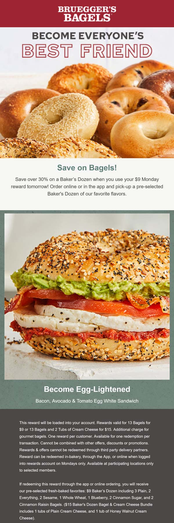 Brueggers Bagels restaurants Coupon  $9 bakers dozen today at Brueggers Bagels restaurants #brueggersbagels 