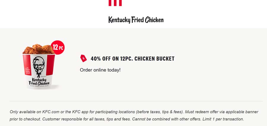 KFC restaurants Coupon  40% off 12pc chicken bucket via login at KFC #kfc 