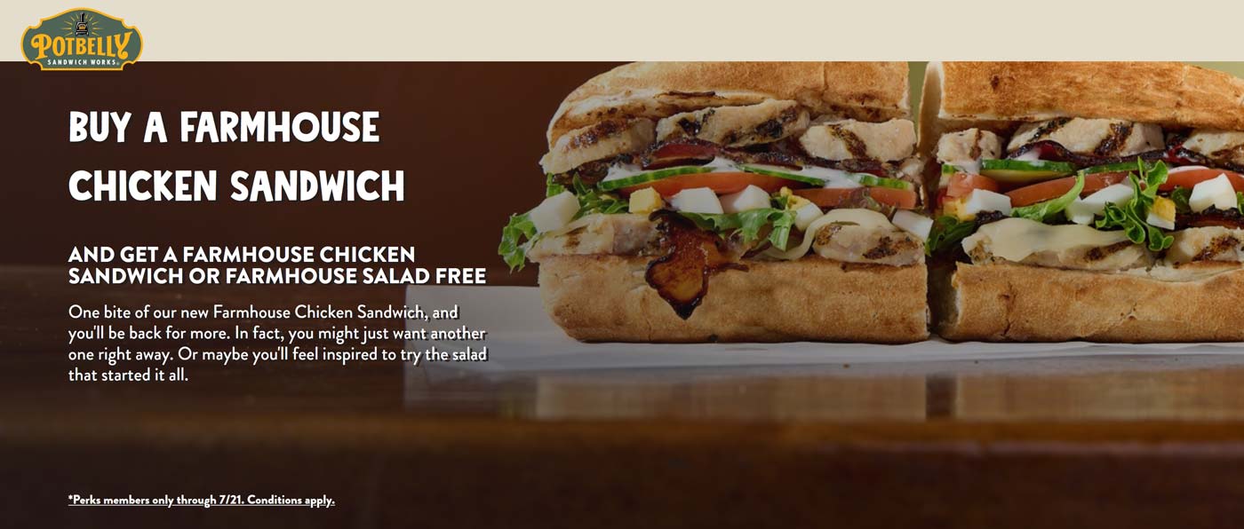 Potbelly restaurants Coupon  Second farmhouse chicken sandwich or salad free at Potbelly #potbelly 