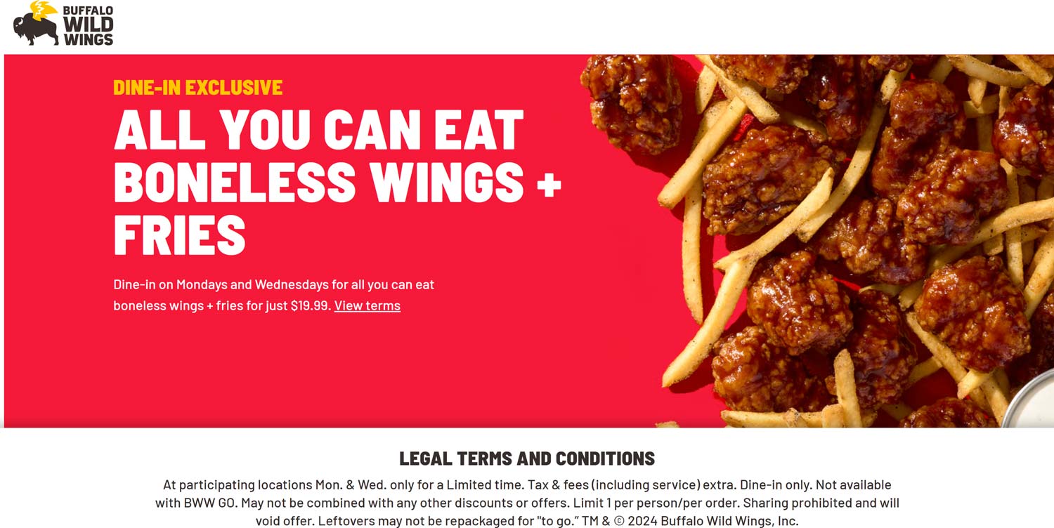 Buffalo Wild Wings restaurants Coupon  Bottomless boneless wings + fries Weds at Buffalo Wild Wings #buffalowildwings 