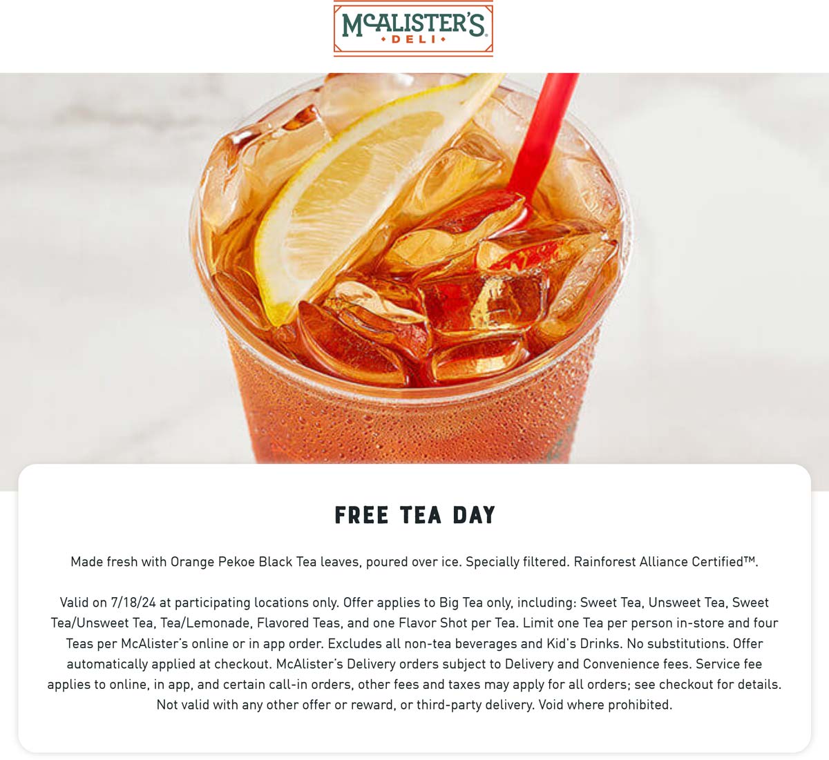 McAlisters Deli stores Coupon  Free iced tea Thurs at McAlisters Deli #mcalistersdeli 