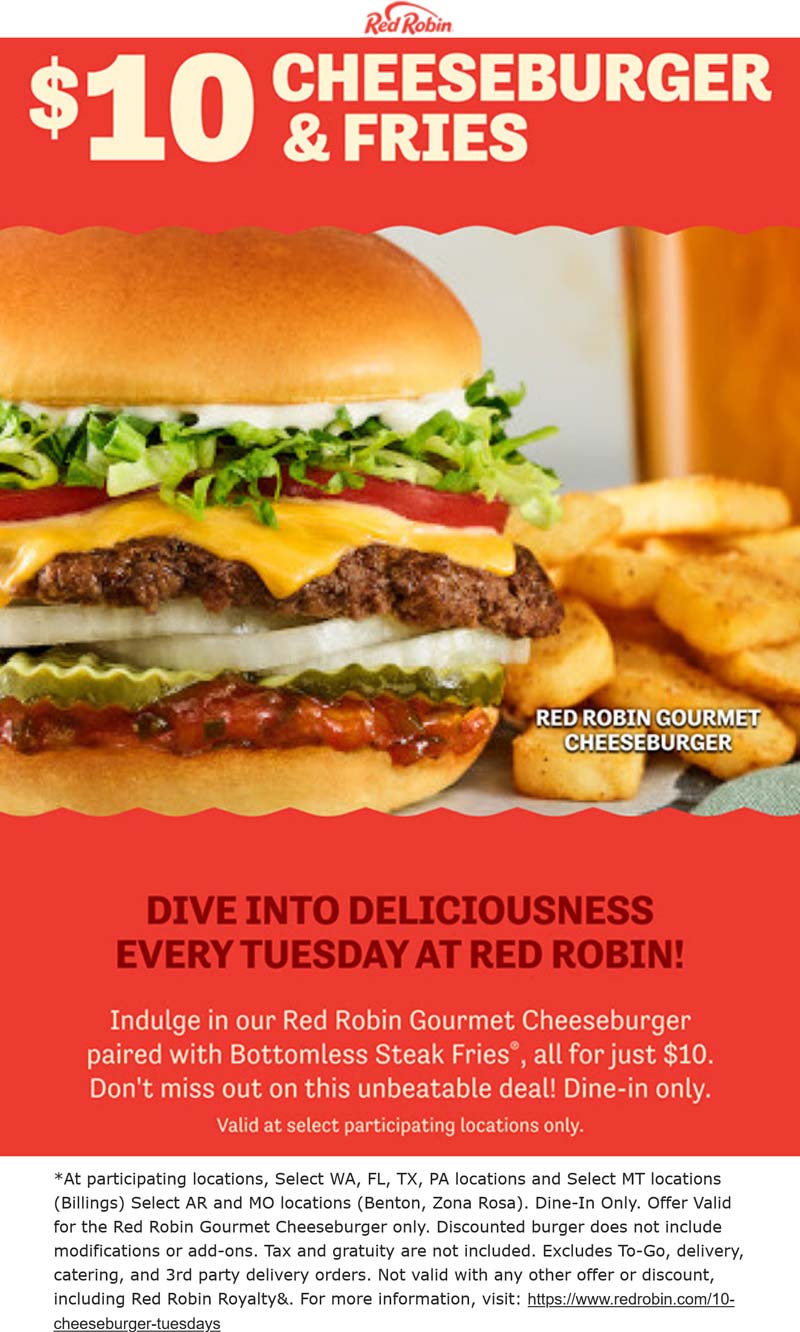 Red Robin restaurants Coupon  $10 cheeseburger + bottomless fries today at Red Robin #redrobin 