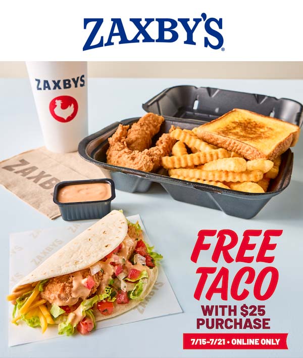 Zaxbys restaurants Coupon  Free taco on $25 online at Zaxbys #zaxbys 