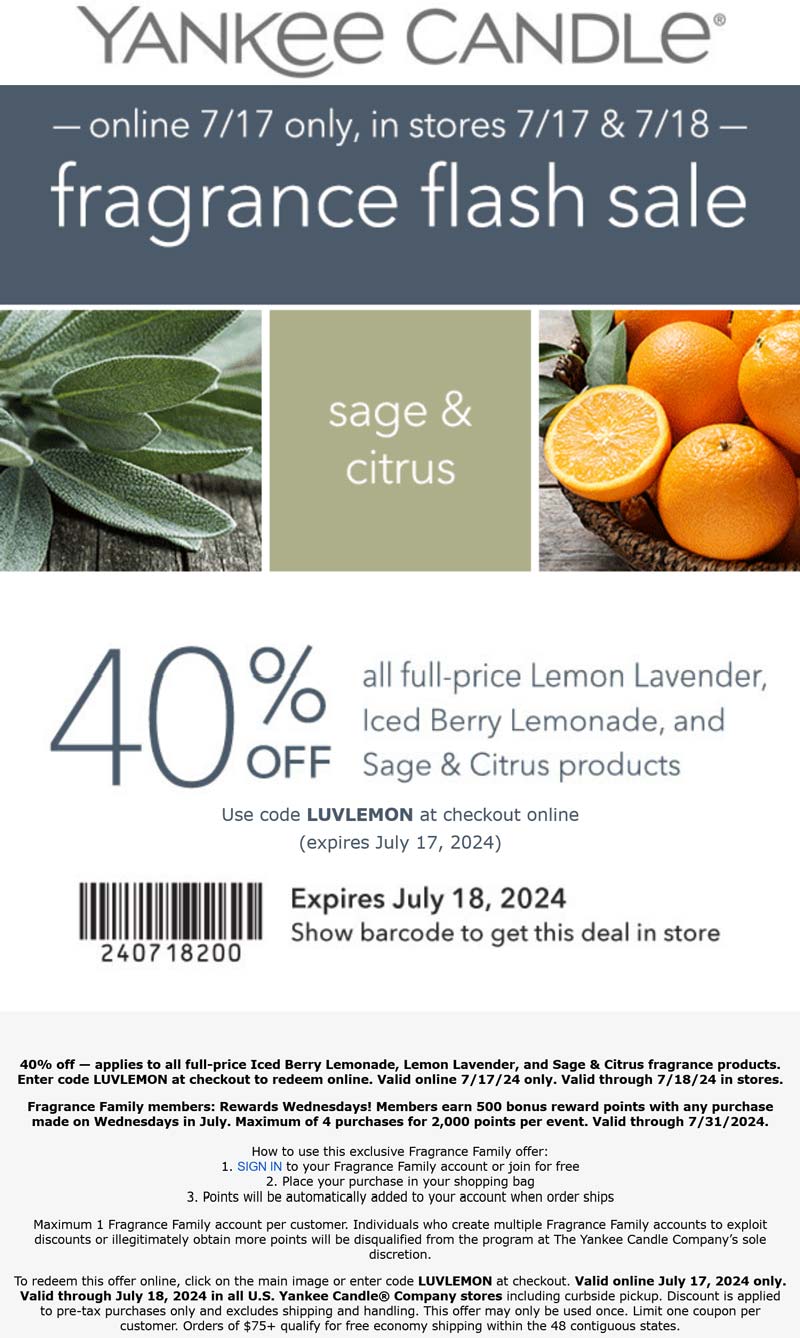 Yankee Candle stores Coupon  40% off citrus scents at Yankee Candle, or online via promo code LUVLEMON #yankeecandle 