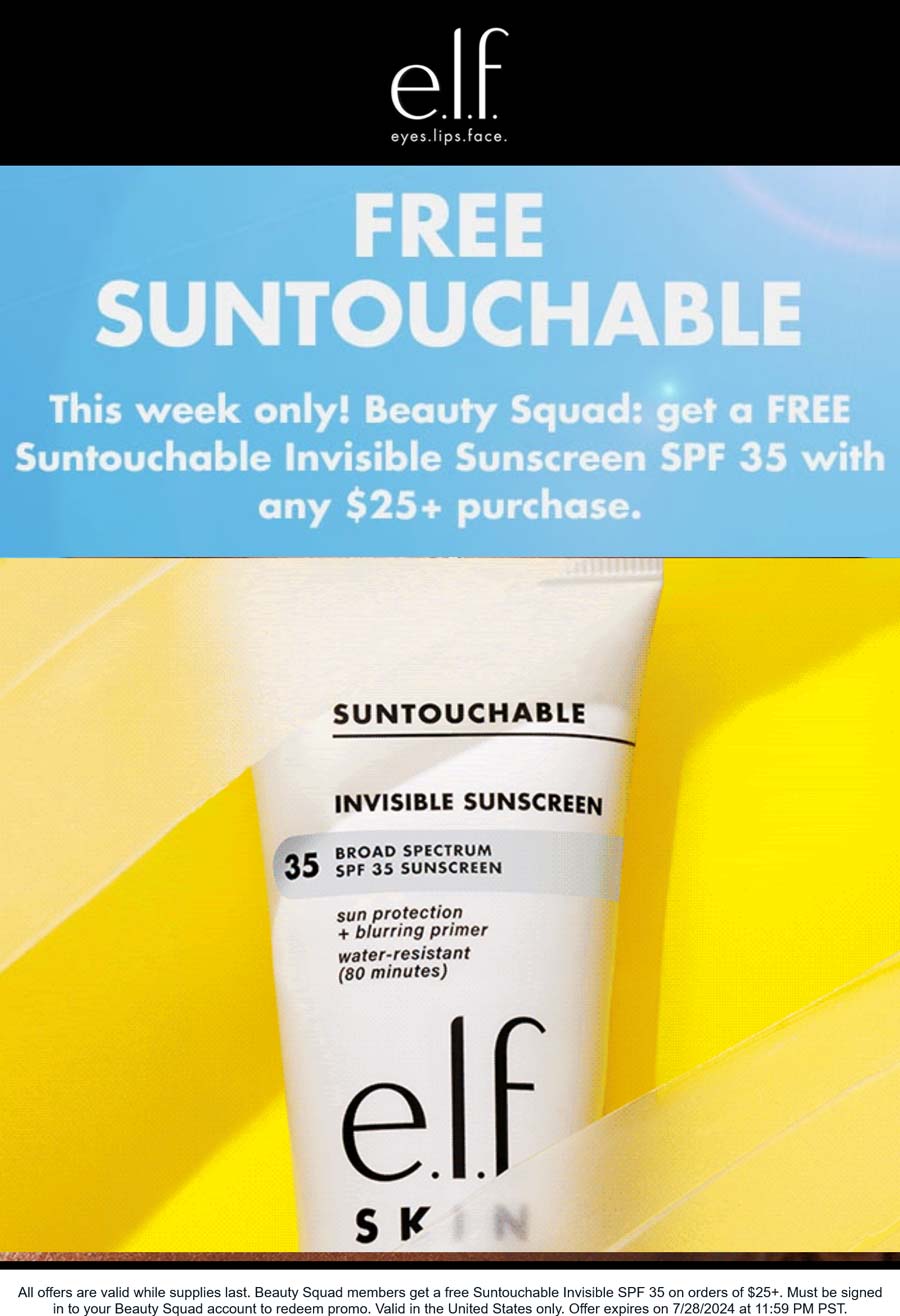 e.l.f. Cosmetics stores Coupon  Free suntouchable spf 35 on $25+ at e.l.f. Cosmetics #elfcosmetics 