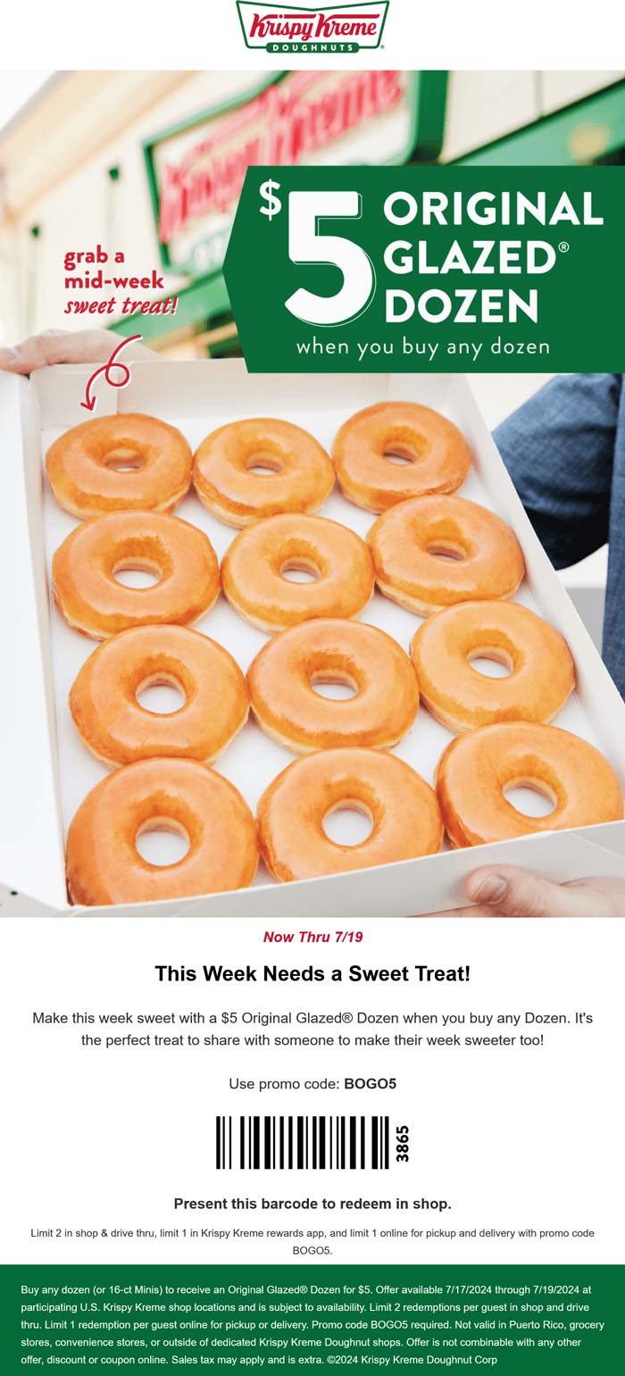 Krispy Kreme restaurants Coupon  Second dozen $5 at Krispy Kreme doughnuts, or online via promo code BOGO5 #krispykreme 