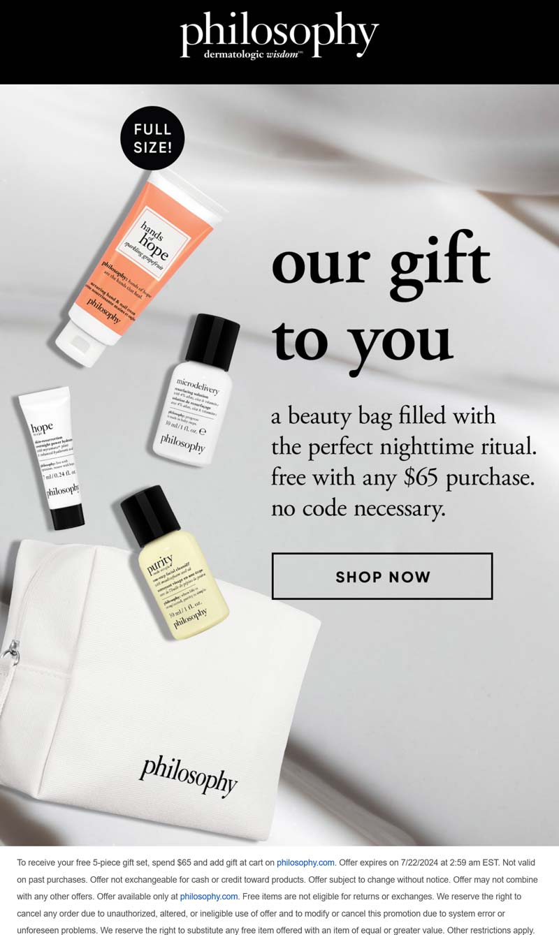 Philosophy stores Coupon  Free 5pc set with full size on $65 at Philosophy #philosophy 