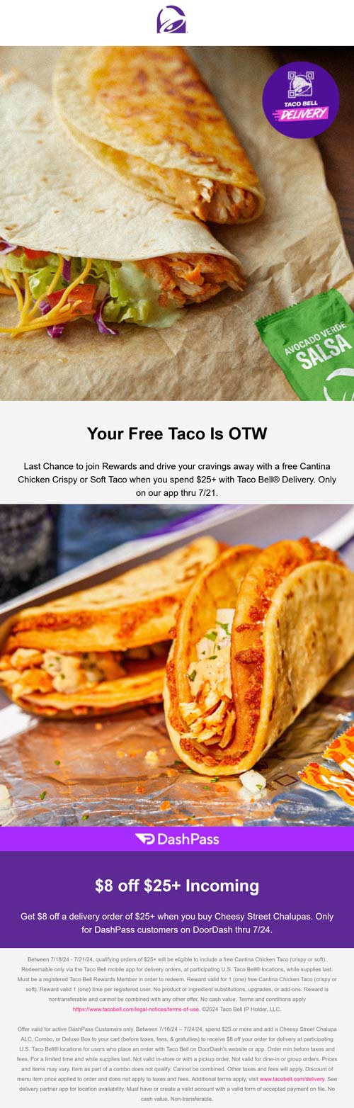 Taco Bell restaurants Coupon  Free cantina chicken taco on $25 via delivery today at Taco Bell #tacobell 