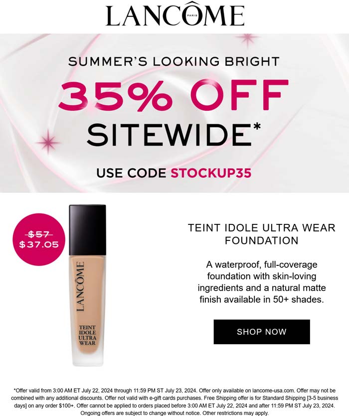 Lancome stores Coupon  35% off everything online today at Lancome via promo code STOCKUP35 #lancome 