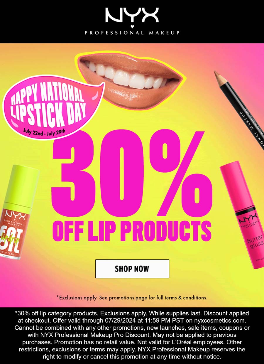 NYX Professional Makeup stores Coupon  30% off lip products at NYX Professional Makeup #nyxprofessionalmakeup 